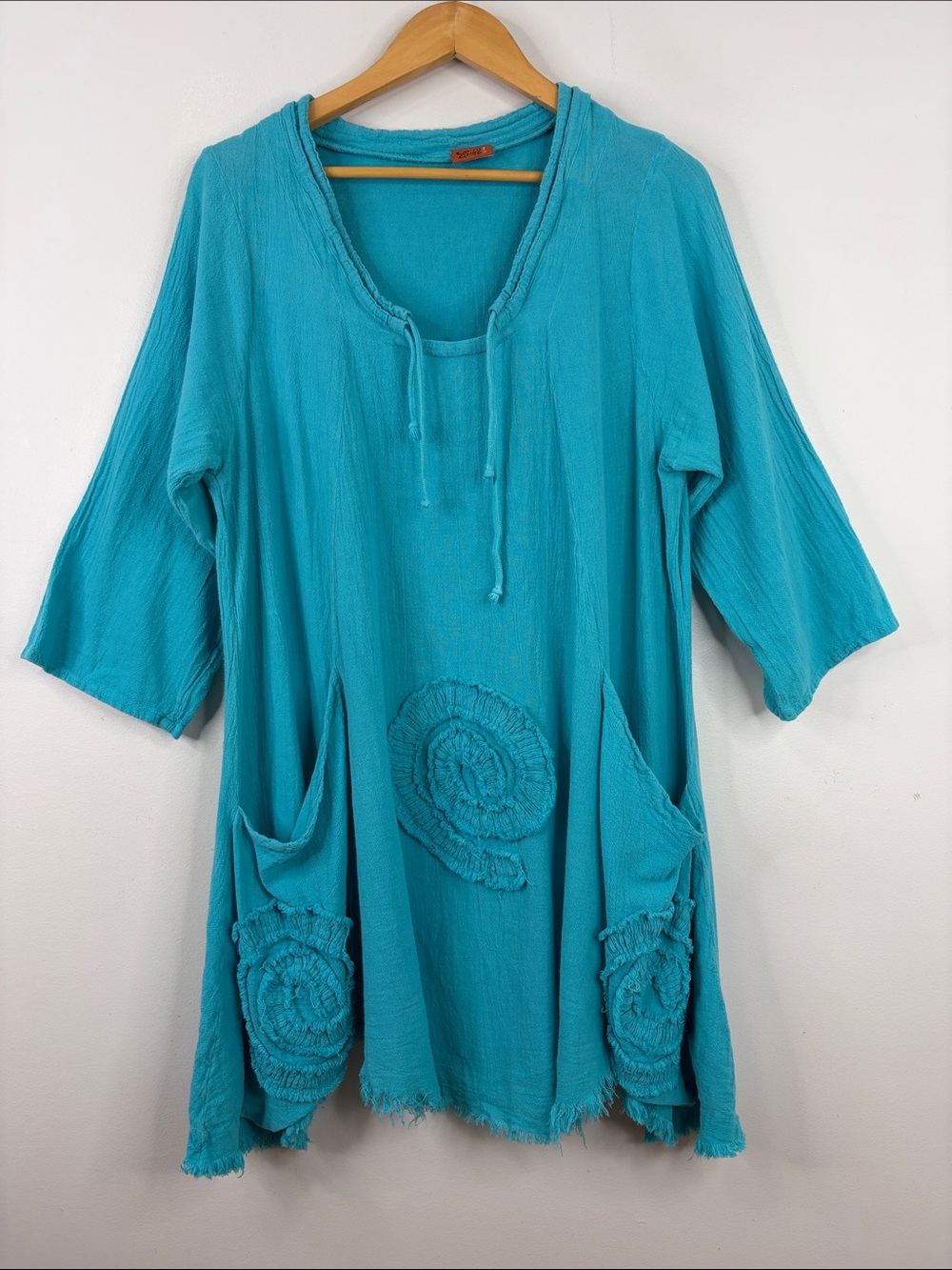 Oh My Gauze Top Womens XL XXL Blue Aqua Cotton Tunic Blouse Pockets Beach Boho
